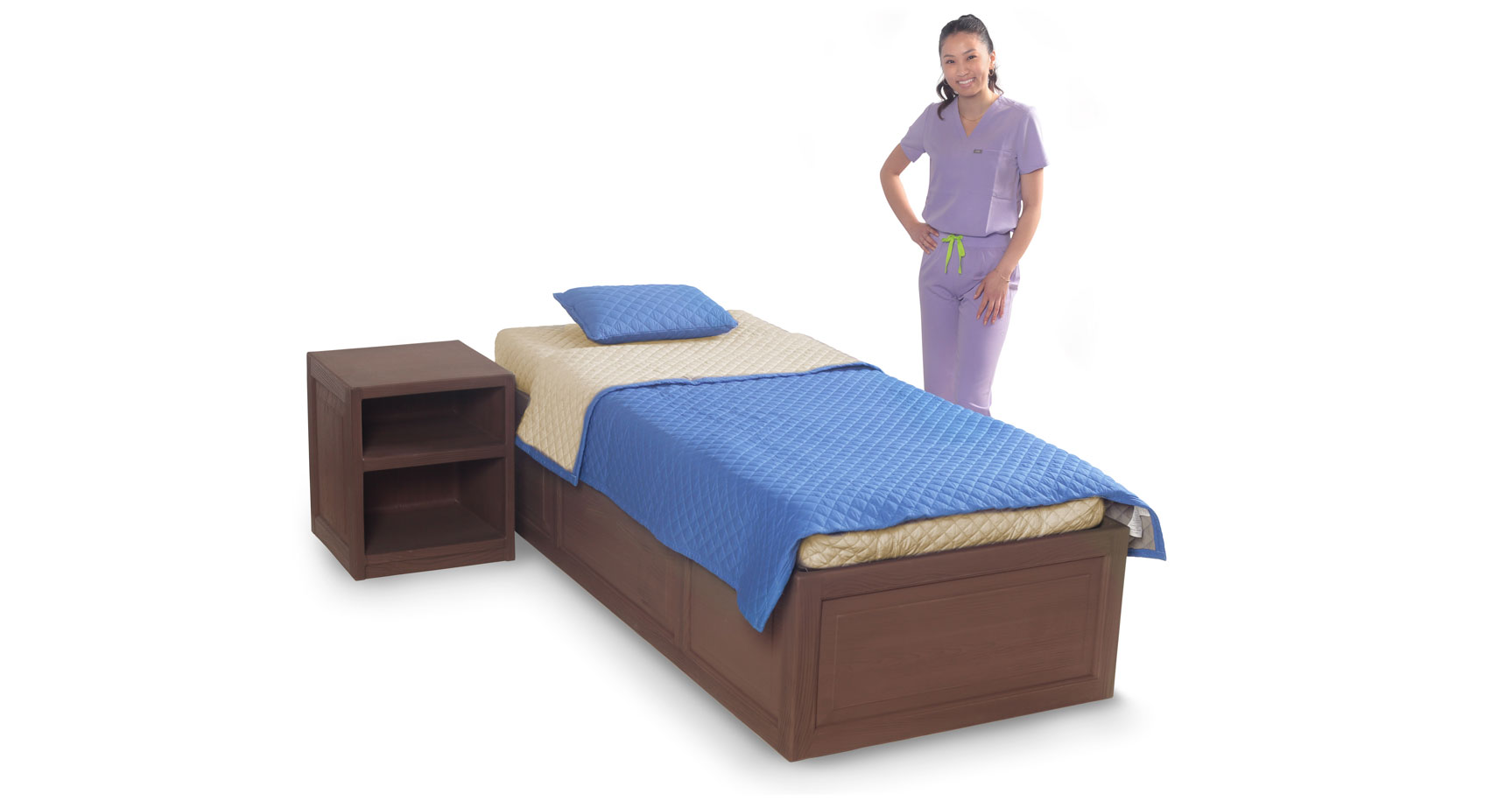 Girl standing next to bed, featuring safety bedding in Navy blue color