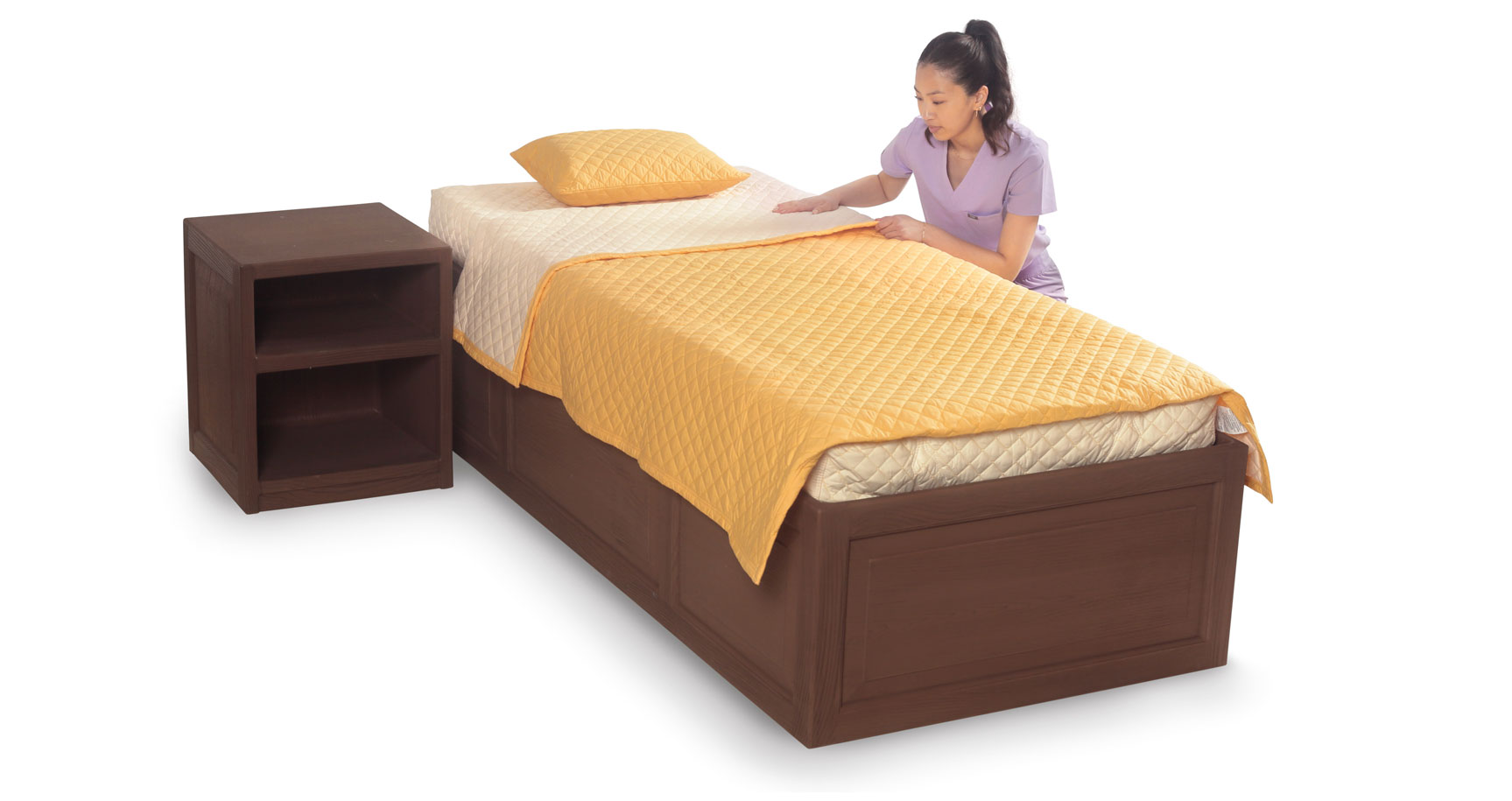 Girl making bed, featuring safety bedding in Corn Yellow color